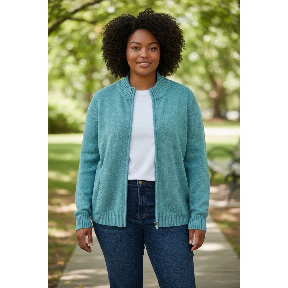 Appleseed's 100% Cotton Knit Full Zip Mock Neck Cardigan Sweater Soft Teal 3X
